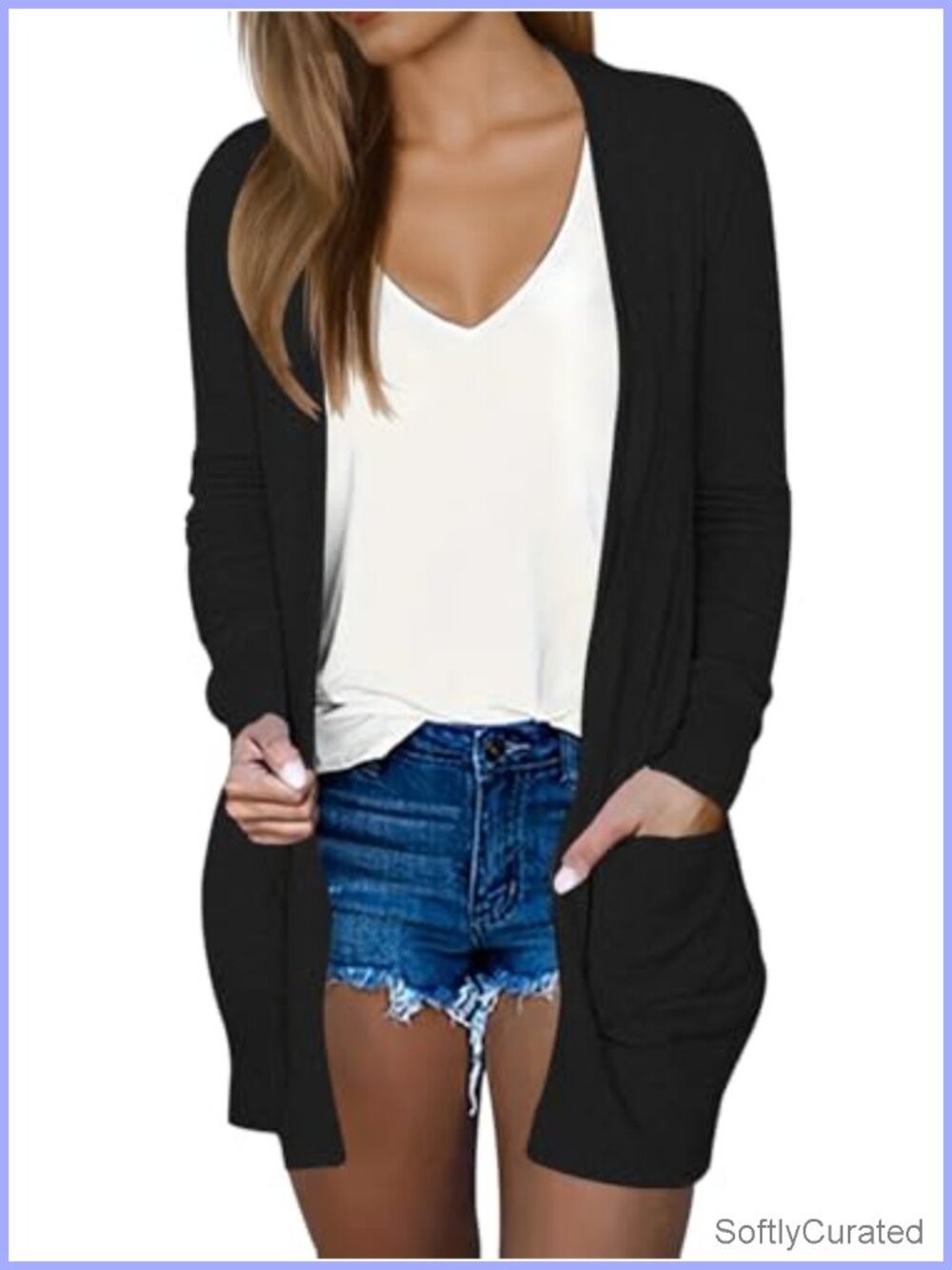 Lightweight Open Front Cardigan Long Sleeve V Neck Sweater with Pockets